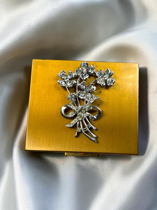 Vintage Ritz Rhinestone Flower Compact | 1950s Gold Tone Powder Compact