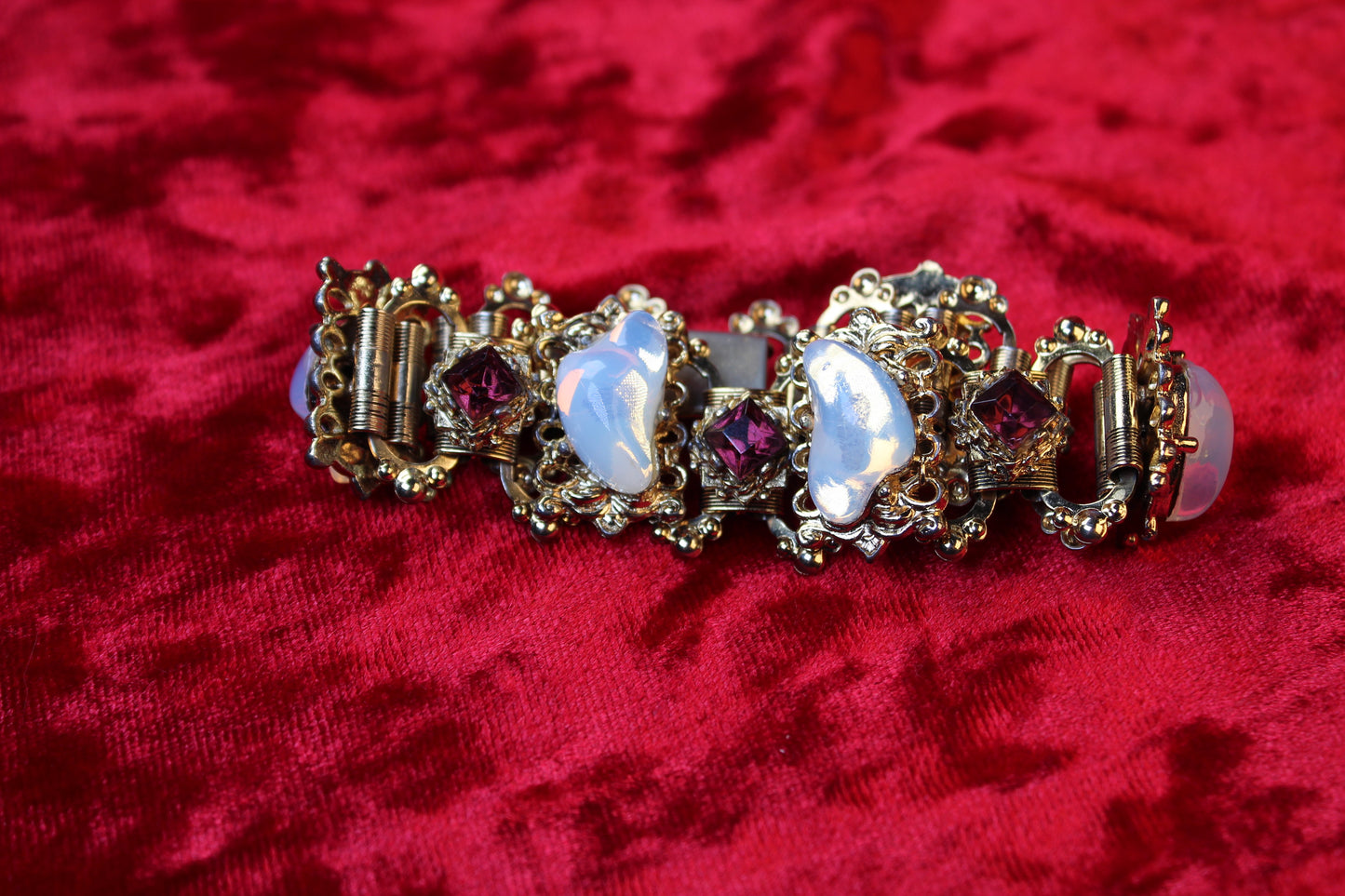 1930s Victorian Revival Gold Tone Book Chain Bracelet | Opalescent Glass & Red Garnet Rhinestones