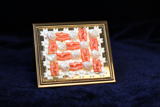 Vintage Mid-Century Coral & Faux Pearl Mosaic Powder Compact Mirror | Gold Tone