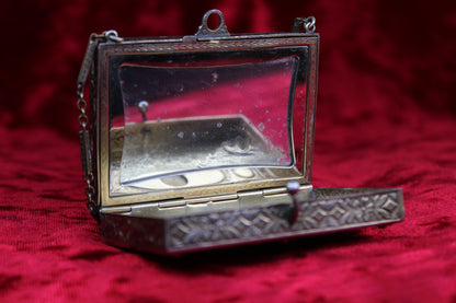 Rare Antique French Guilloché Swan Lake Compact | Jeweled Silver & Brass Vanity Case c.1920s