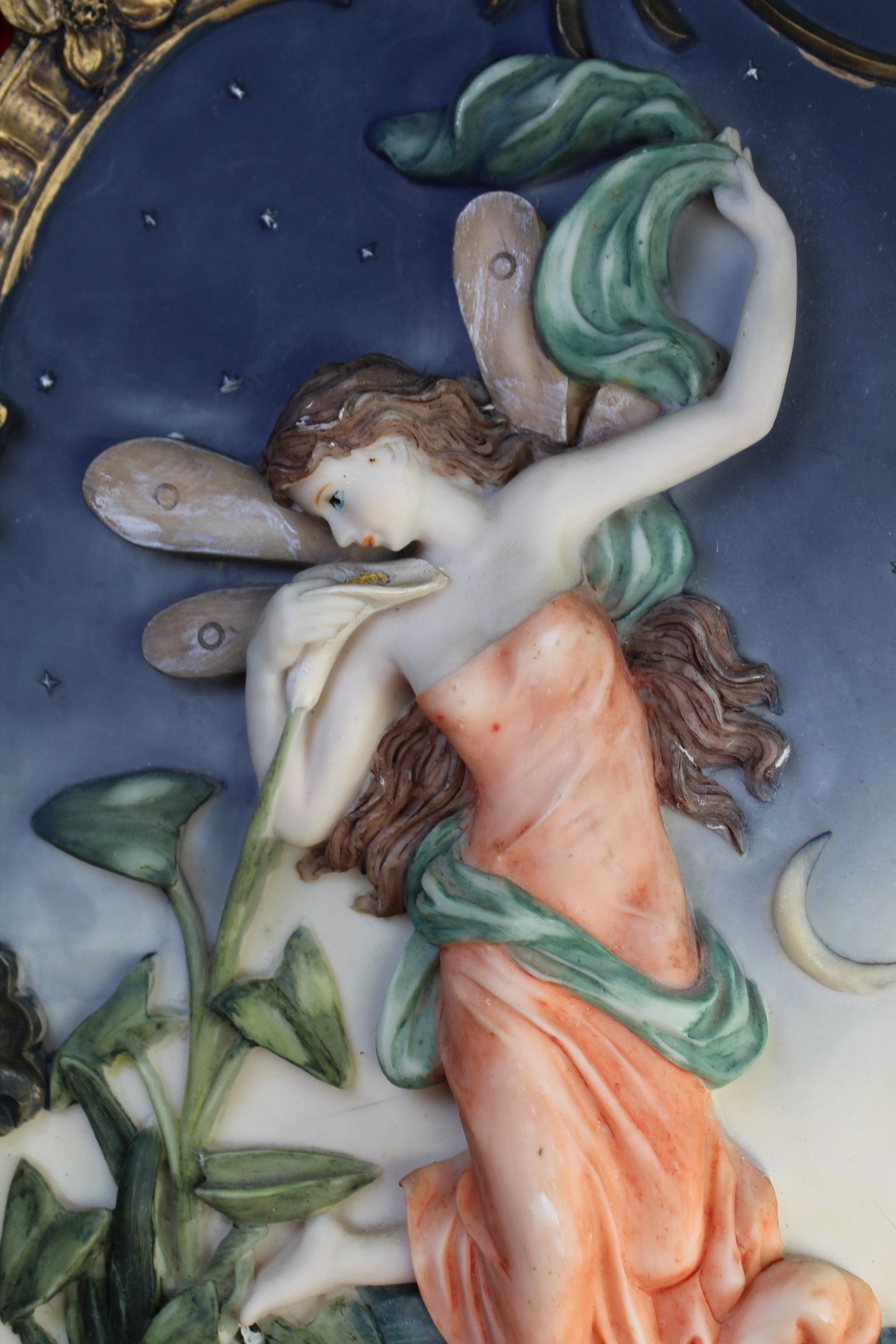 Vintage Night Fairy Wall Plaque – Ornate Gold Frame, Romantic Moonlit Scene 15in