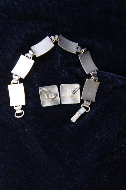 1930s Sterling Silver Guilloché Enamel Rose Bracelet & Earrings Set | Vintage Floral