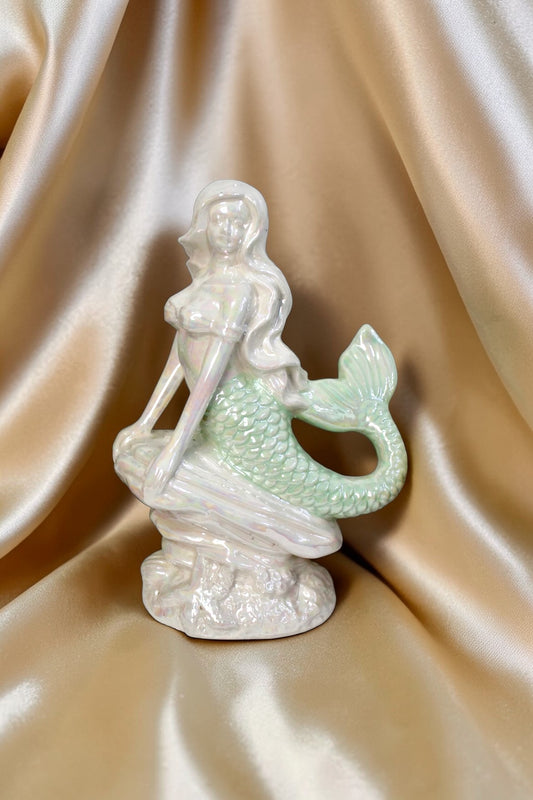 Iridescent Ceramic Mermaid Figurine | Pearlescent Seafoam & Ivory Coastal Decor
