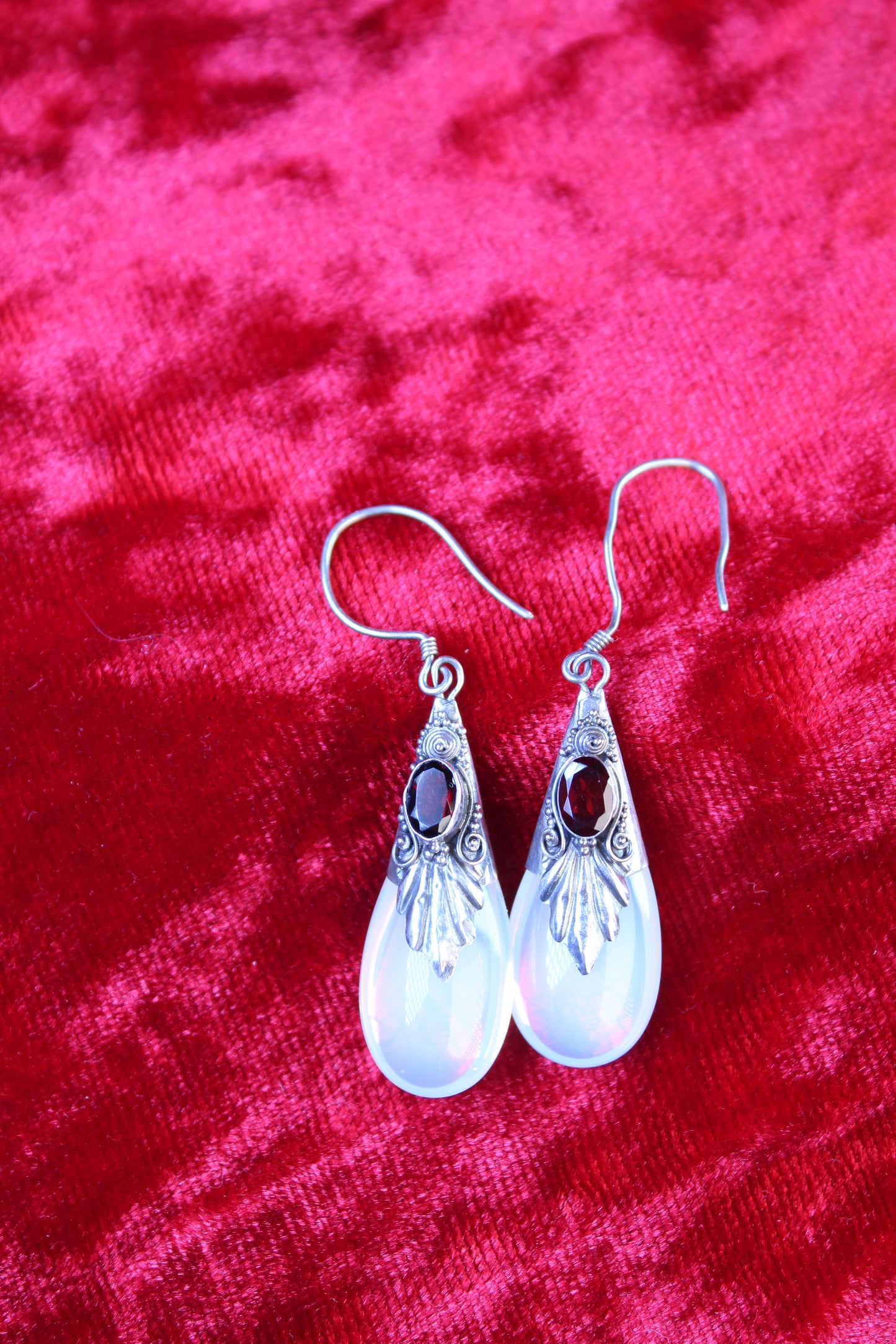 Vintage Czech Garnet & Opalite Teardrop Earrings | Sterling Silver Art Nouveau Style Dangle Earrings
