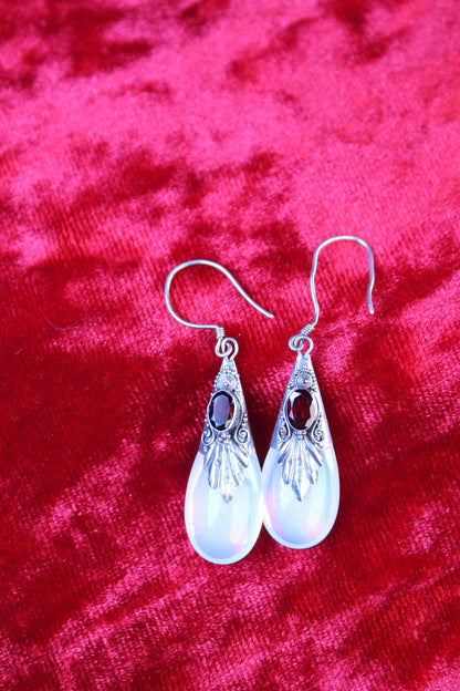 Vintage Czech Garnet & Opalite Teardrop Earrings | Sterling Silver Art Nouveau Style Dangle Earrings