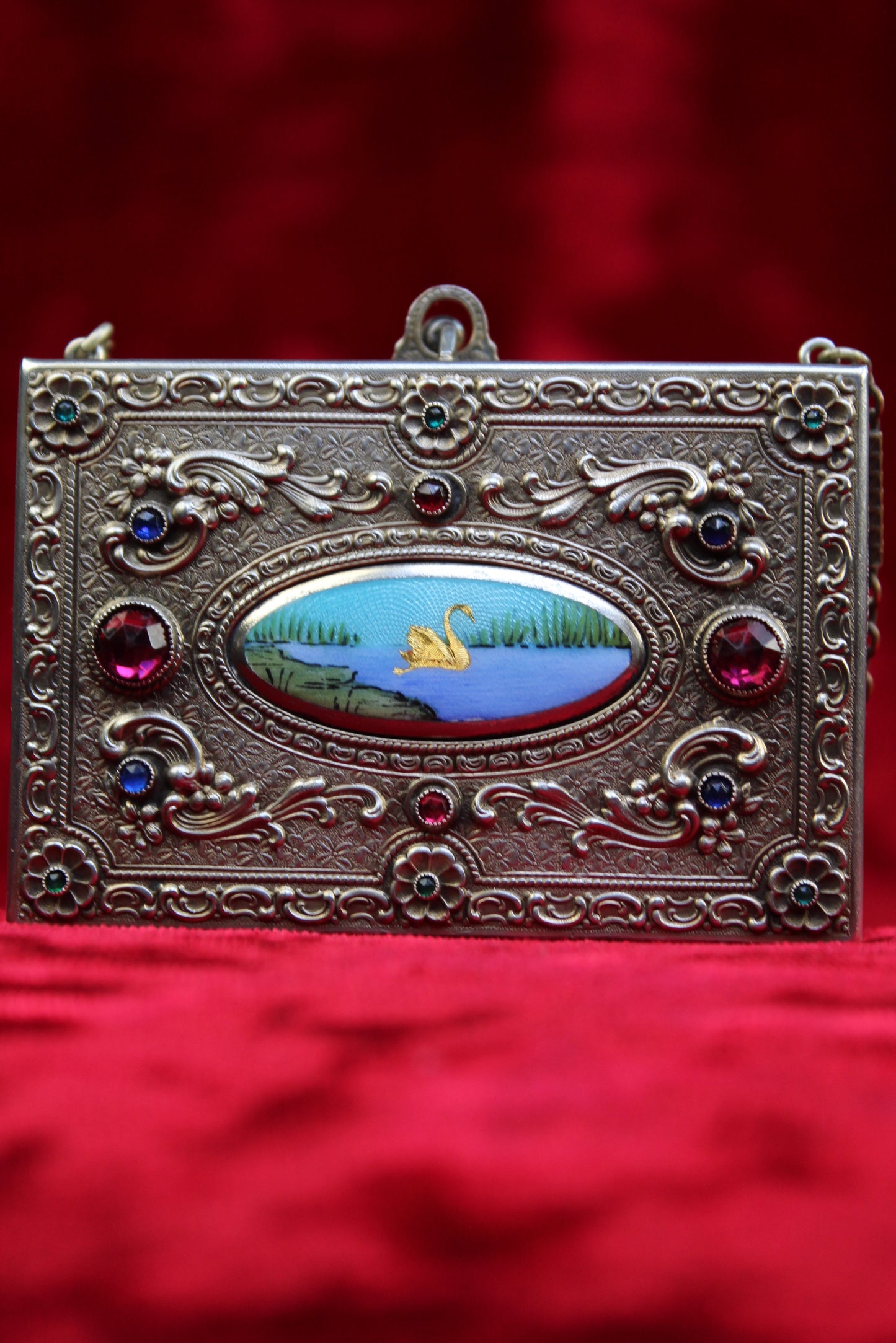 Rare Antique French Guilloché Swan Lake Compact | Jeweled Silver & Brass Vanity Case c.1920s