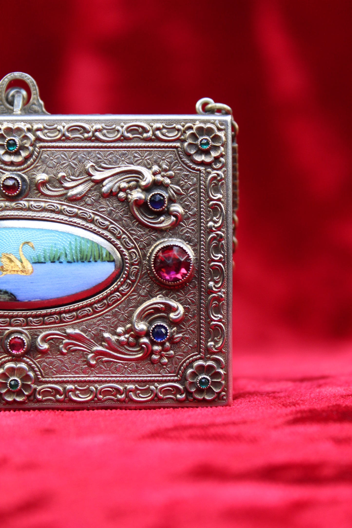 Rare Antique French Guilloché Swan Lake Compact | Jeweled Silver & Brass Vanity Case c.1920s