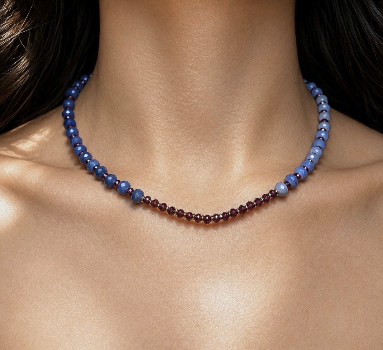 Ocean’s Edge · Natural Blue Aventurine and Red Garnet Rondelle Necklace with Sterling Silver Spacers