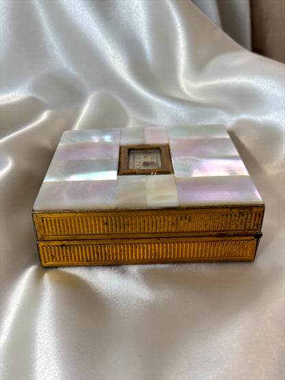 Vintage Mother of Pearl Clock Powder Compact | Mid-Century Gold Tone Vanity Compact