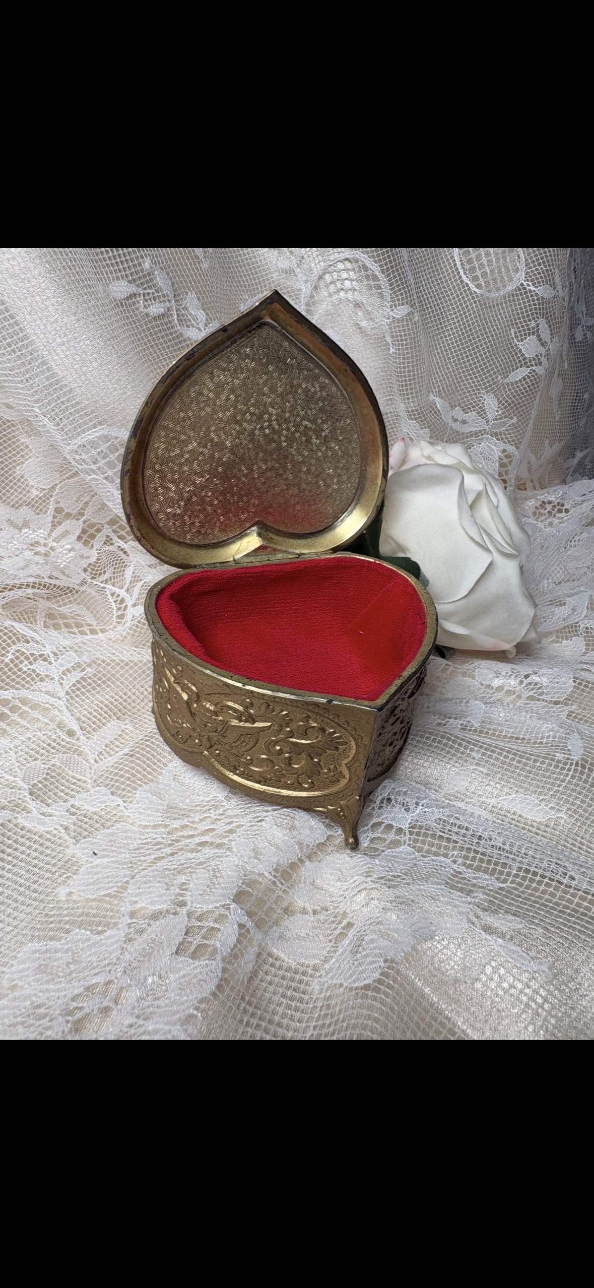 Vintage Heart-Shaped Ornate Jewelry Box | Victorian Brass Keepsake with Red Velvet Lining