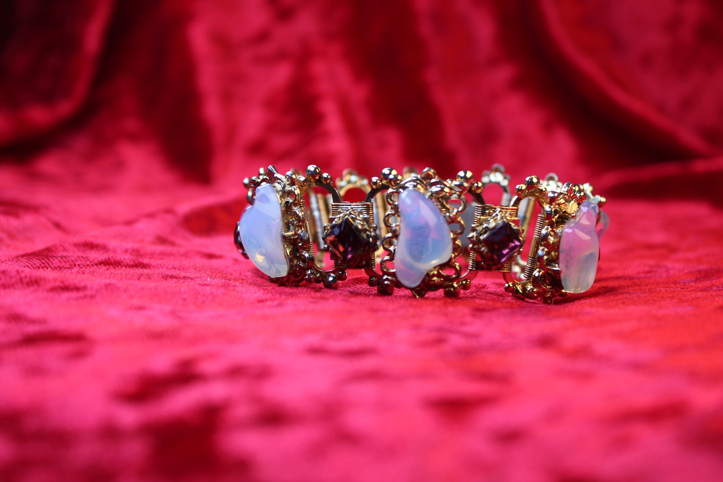 1930s Victorian Revival Gold Tone Book Chain Bracelet | Opalescent Glass & Red Garnet Rhinestones
