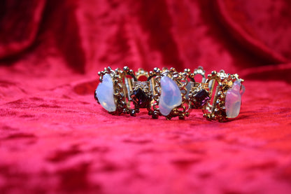 1930s Victorian Revival Gold Tone Book Chain Bracelet | Opalescent Glass & Red Garnet Rhinestones