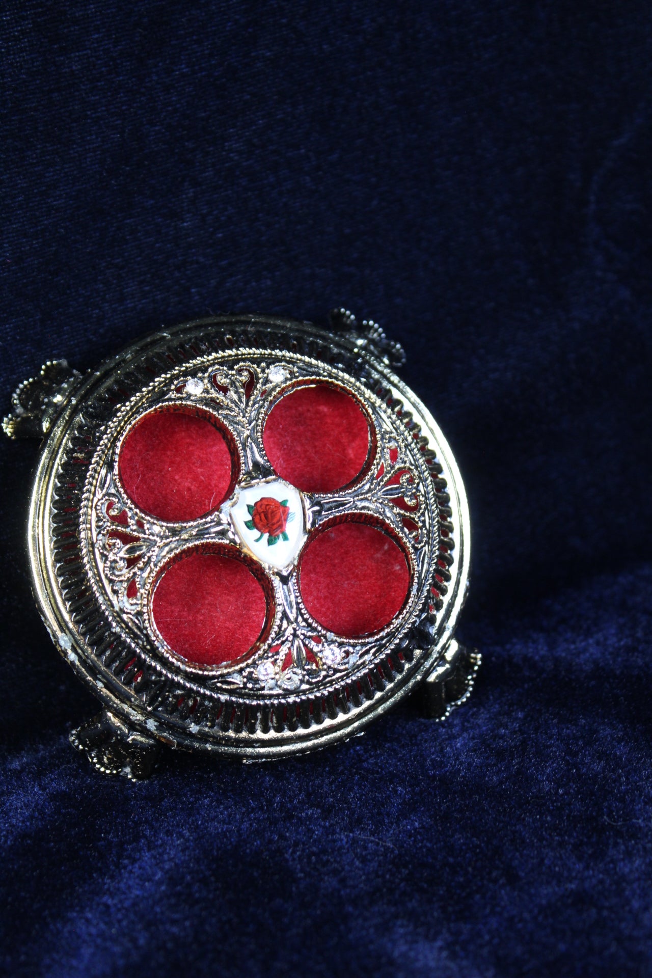 Thee Enchanted Rose vintage Hollywood lipstick holder with red velvet interior ￼