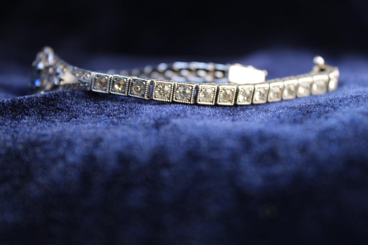 1920s Antique Art Deco Sterling Silver Sapphire Blue Paste Bracelet| French Paste Tennis Bracelet