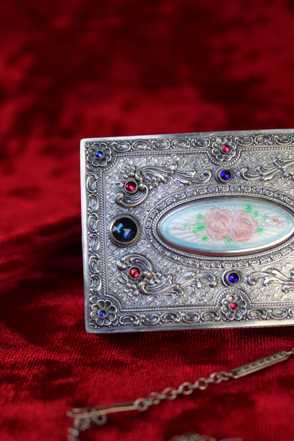 RARE Antique French Sterling Silver Guilloché Enamel Compact | Jeweled Vanity Case c. 1920s–1930s