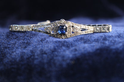 1920s Antique Art Deco Sterling Silver Sapphire Blue Paste Bracelet| French Paste Tennis Bracelet