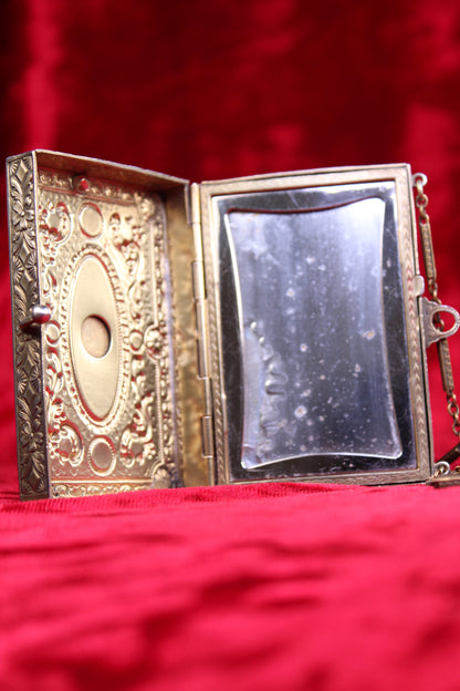 Rare Antique French Guilloché Swan Lake Compact | Jeweled Silver & Brass Vanity Case c.1920s