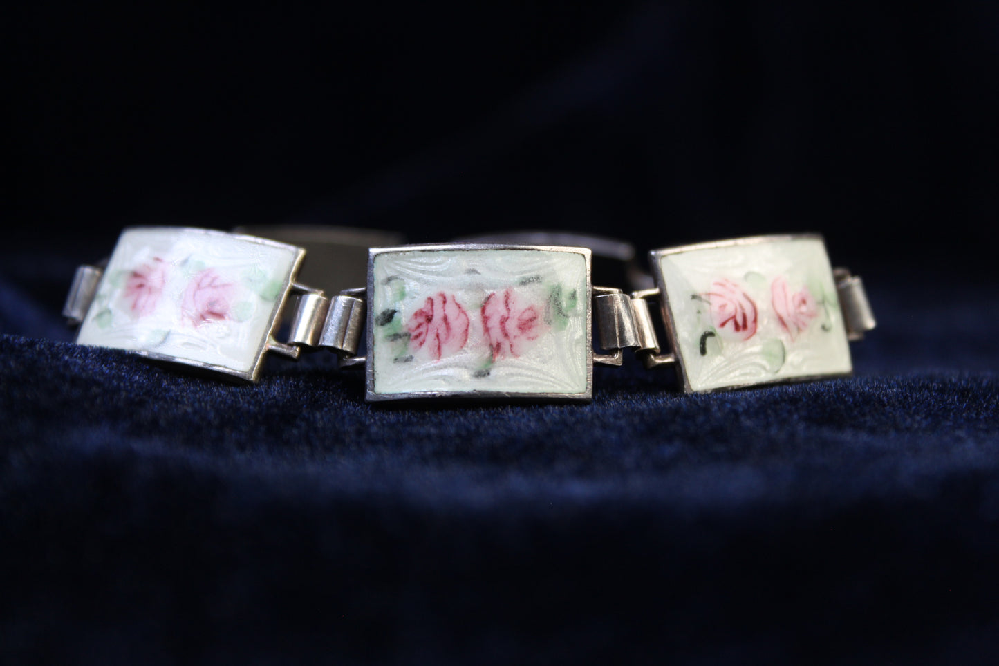 1930s Sterling Silver Guilloché Enamel Rose Bracelet & Earrings Set | Vintage Floral