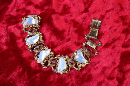 1930s Victorian Revival Gold Tone Book Chain Bracelet | Opalescent Glass & Red Garnet Rhinestones