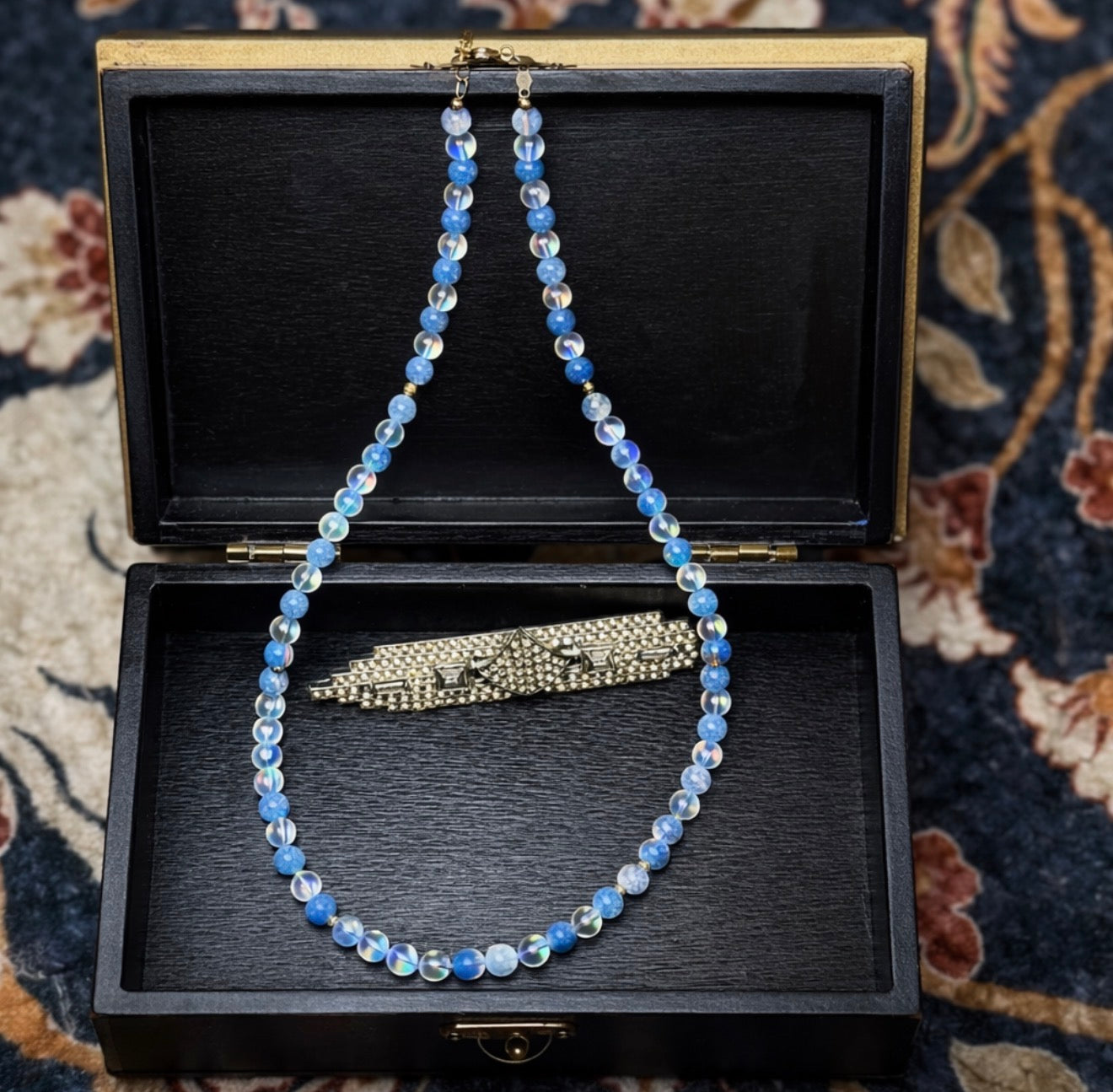 Vela lunar blue jade & clear mystic with hematite necklace