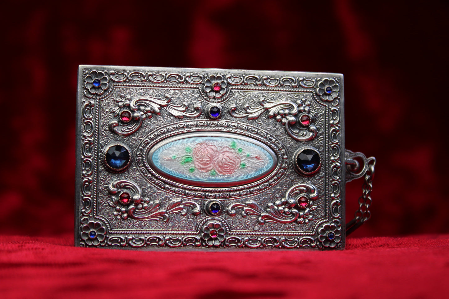 RARE Antique French Sterling Silver Guilloché Enamel Compact | Jeweled Vanity Case c. 1920s–1930s