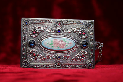 RARE Antique French Sterling Silver Guilloché Enamel Compact | Jeweled Vanity Case c. 1920s–1930s