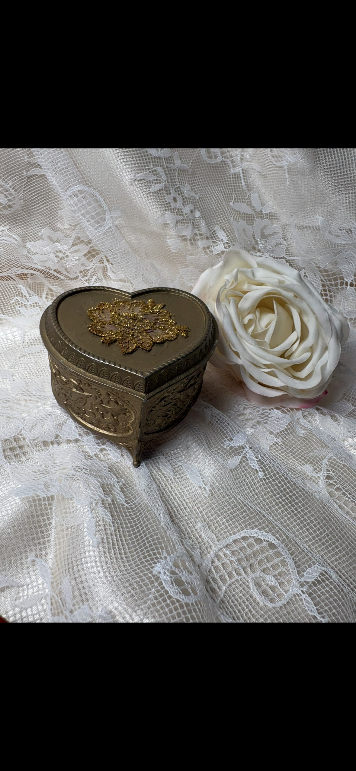Vintage Heart-Shaped Ornate Jewelry Box | Victorian Brass Keepsake with Red Velvet Lining