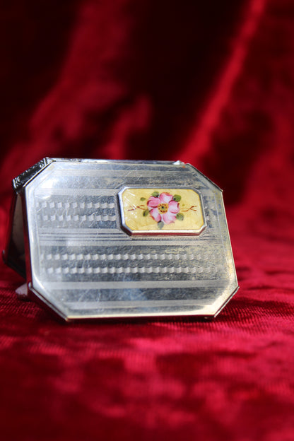 1920s Guilloché Rose Enamel Compact | Antique Art Deco Silver Tone Dance Compact with Original Powder Puff