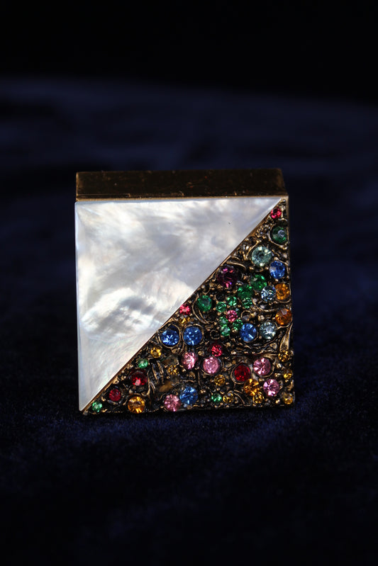 Vintage 1940s Mother of Pearl & Rhinestone Compact – Gold Filigree Powder Case / Trinket Box