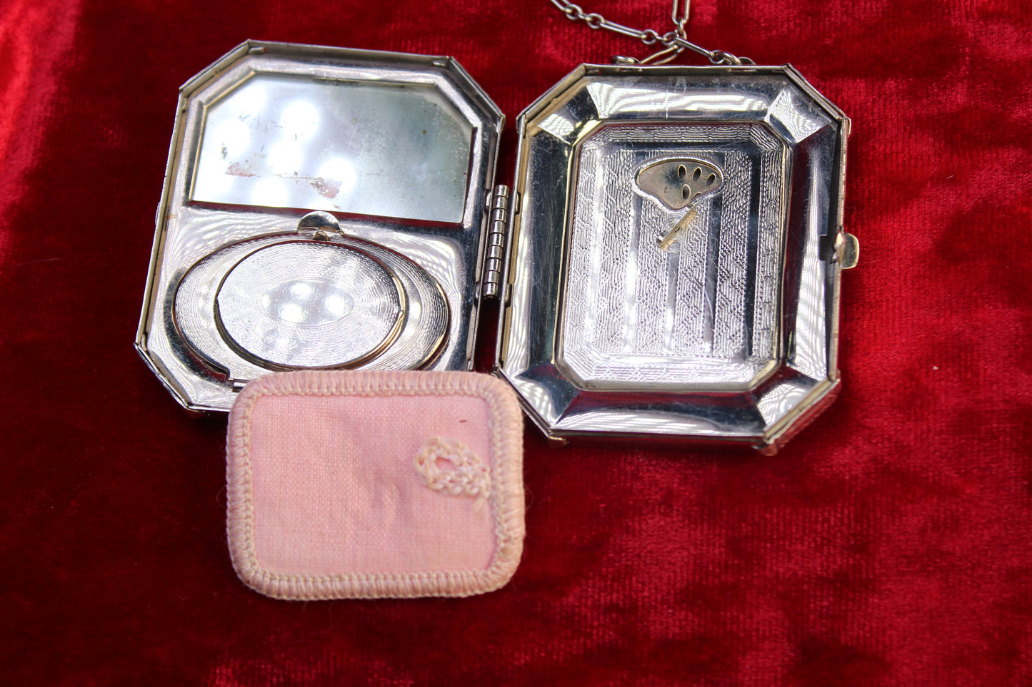 1920s Guilloché Rose Enamel Compact | Antique Art Deco Silver Tone Dance Compact with Original Powder Puff