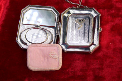 1920s Guilloché Rose Enamel Compact | Antique Art Deco Silver Tone Dance Compact with Original Powder Puff