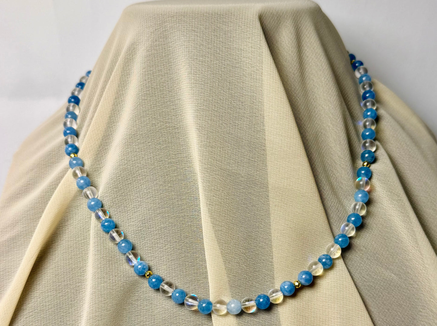 Vela lunar blue jade & clear mystic with hematite necklace