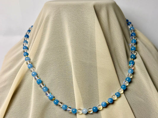 Vela lunar blue jade & clear mystic with hematite necklace