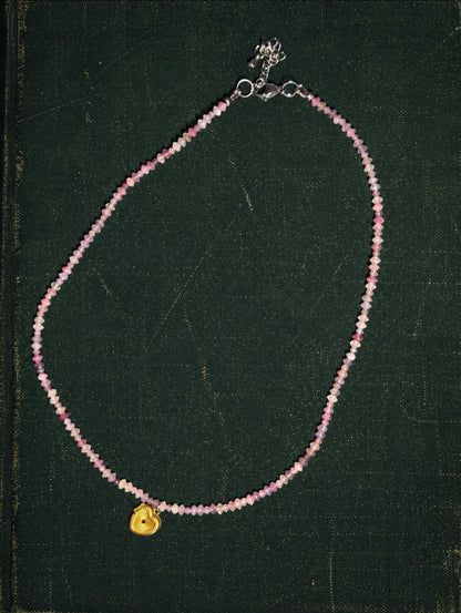 Blushing Garden · Madagascar Rose Quartz and Pink Tourmaline Saucer Necklace with Vintage Brass Double Heart Locket