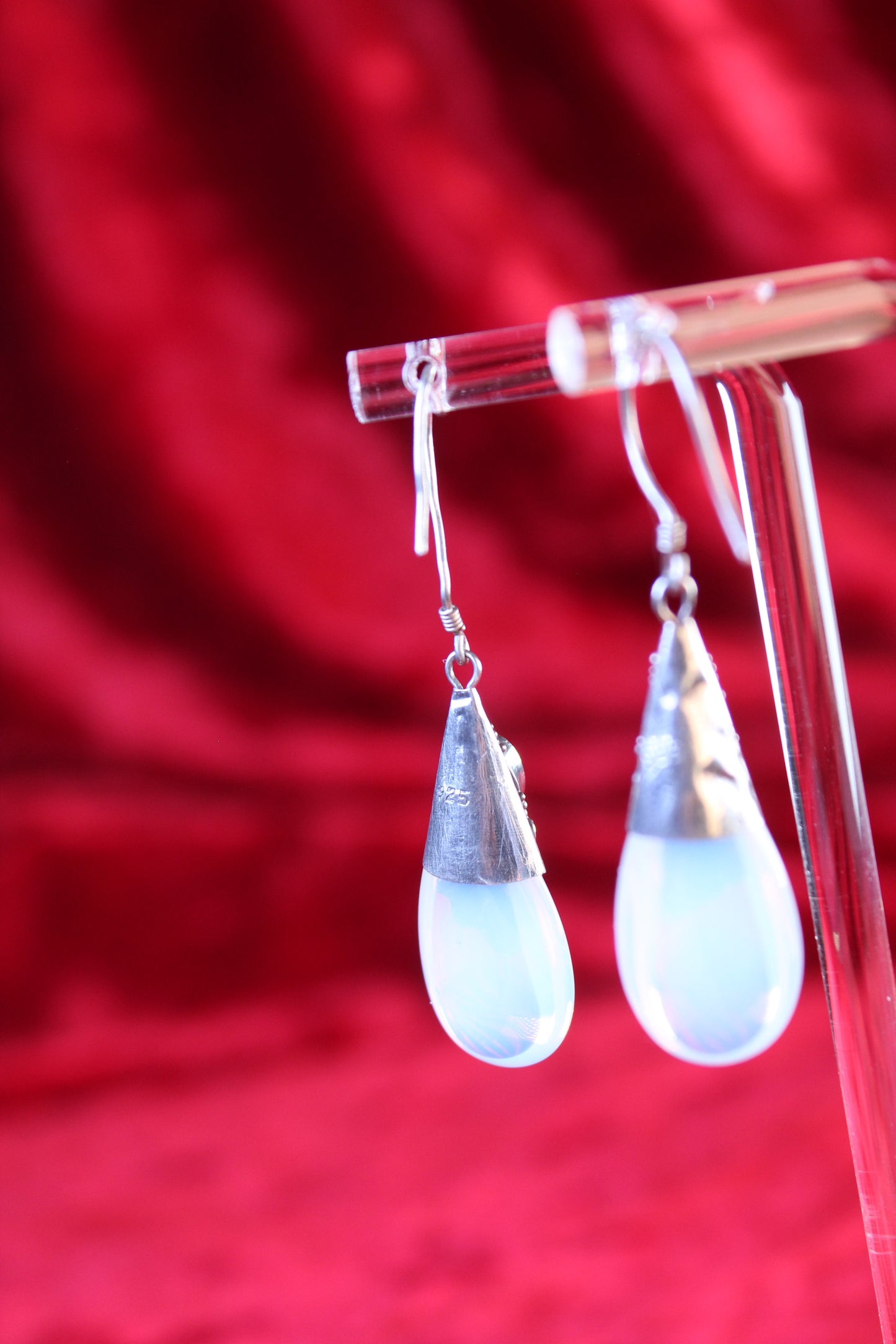 Vintage Czech Garnet & Opalite Teardrop Earrings | Sterling Silver Art Nouveau Style Dangle Earrings