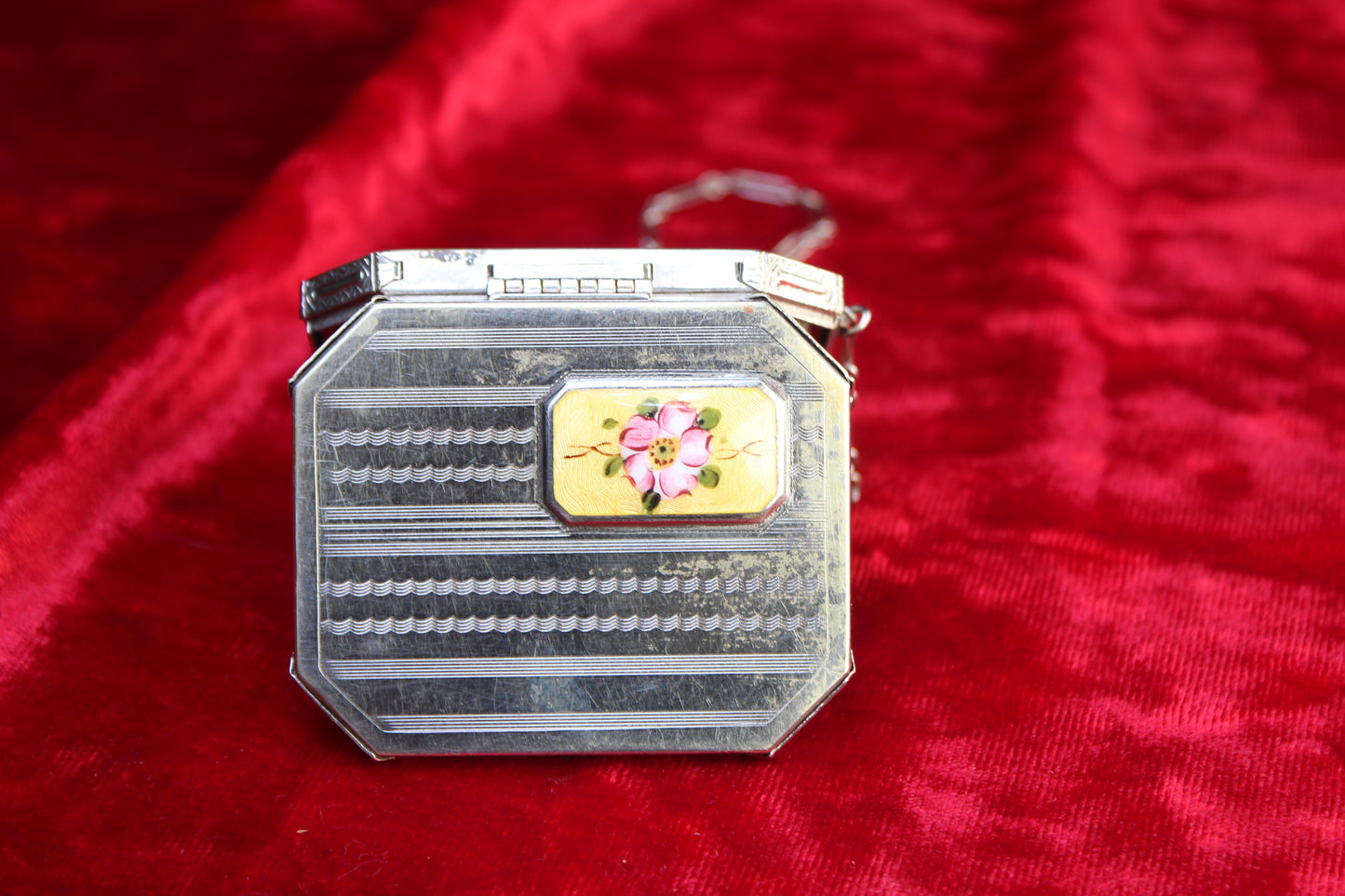 1920s Guilloché Rose Enamel Compact | Antique Art Deco Silver Tone Dance Compact with Original Powder Puff