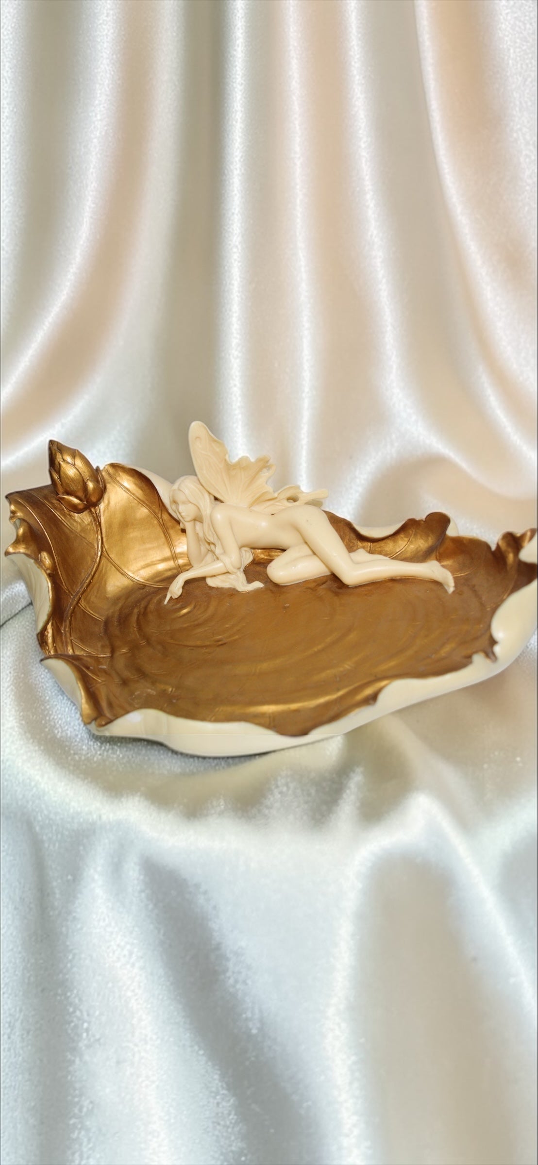 Vintage whimsical Fairy Leaf Dish Gold & Ivory Fantasy Decorative Bowl