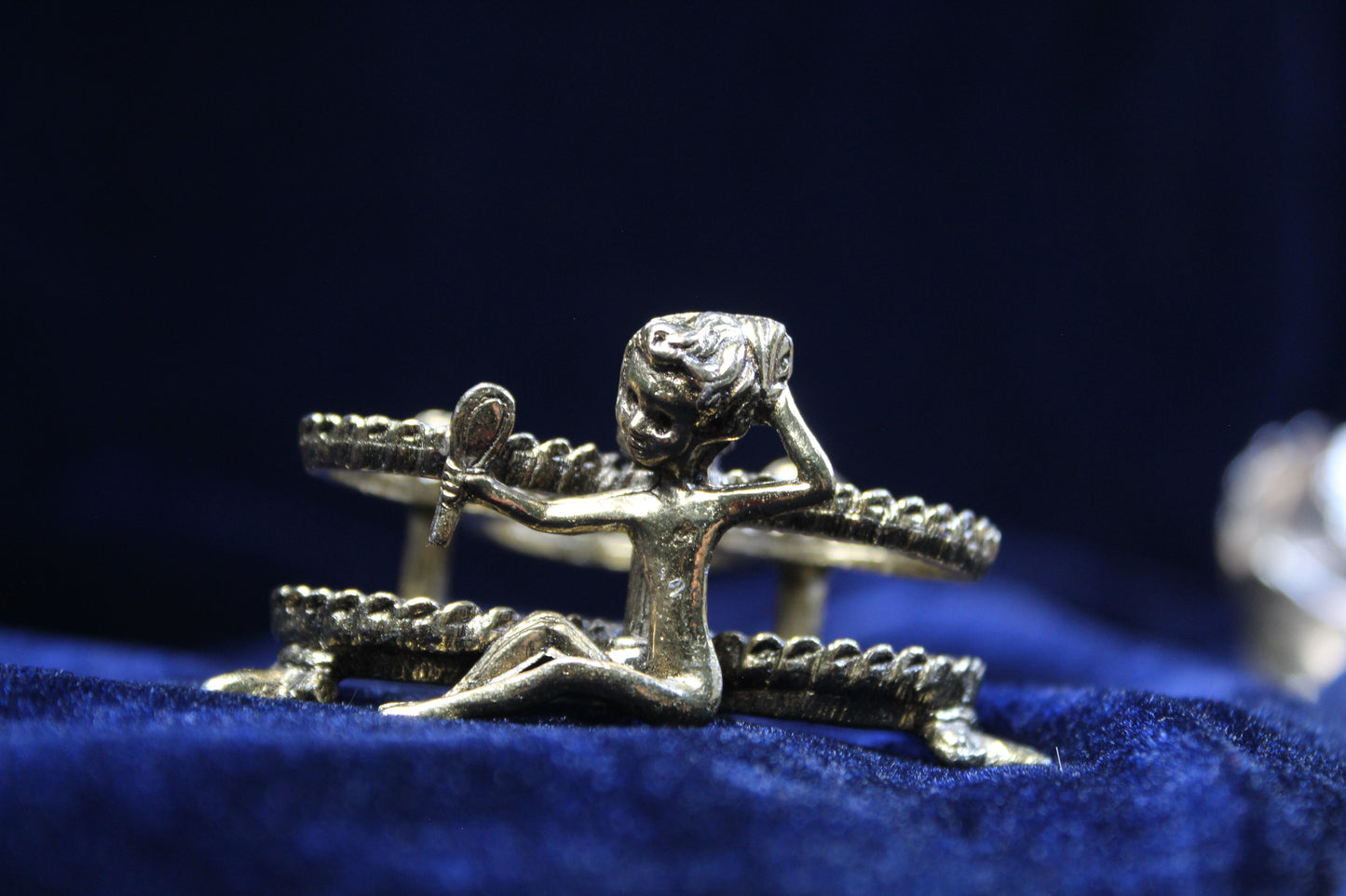 Vintage Figural Lipstick Holder – Girl Holding Mirror, Gold Tone Vanity Stand with Rose Detail