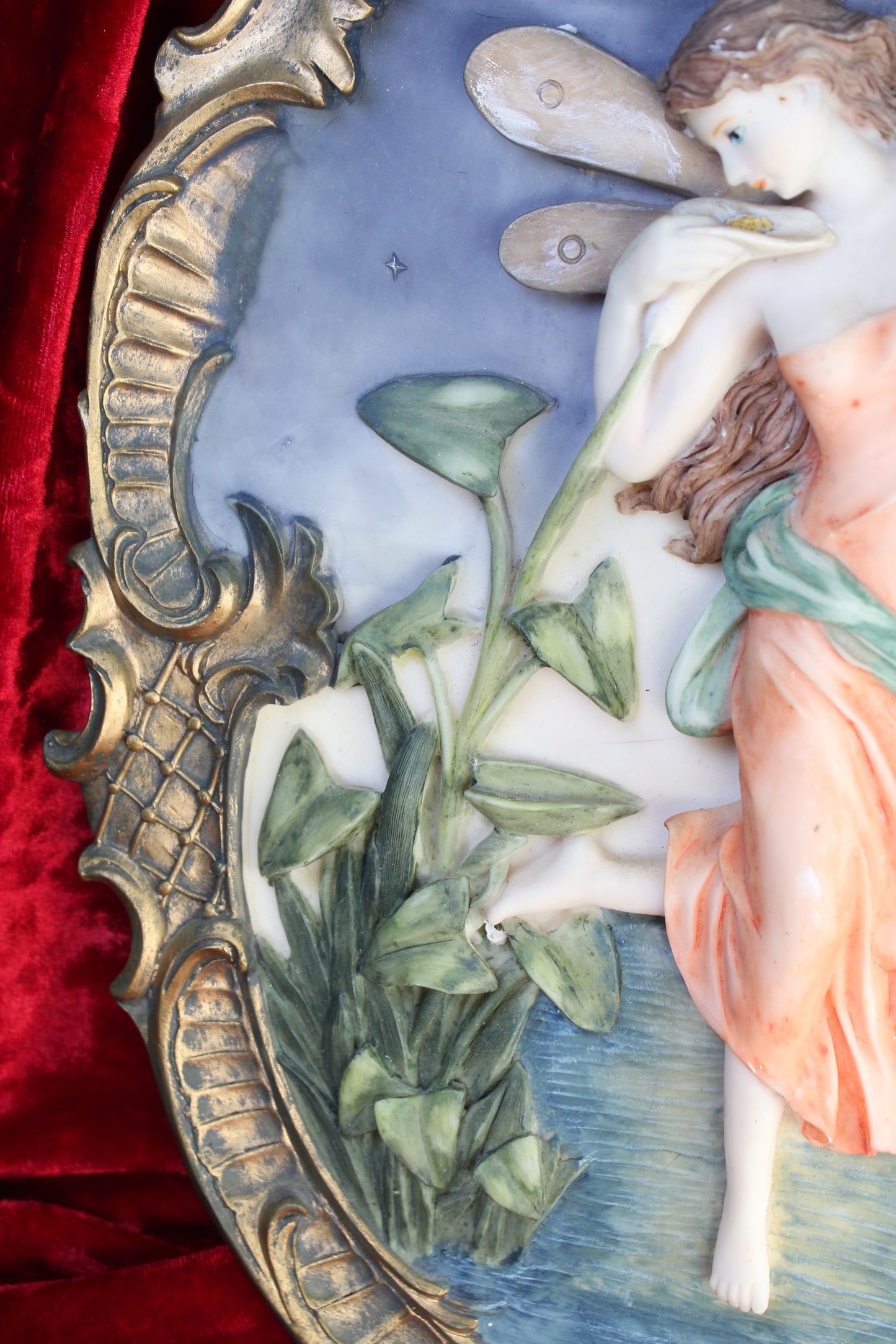 Vintage Night Fairy Wall Plaque – Ornate Gold Frame, Romantic Moonlit Scene 15in