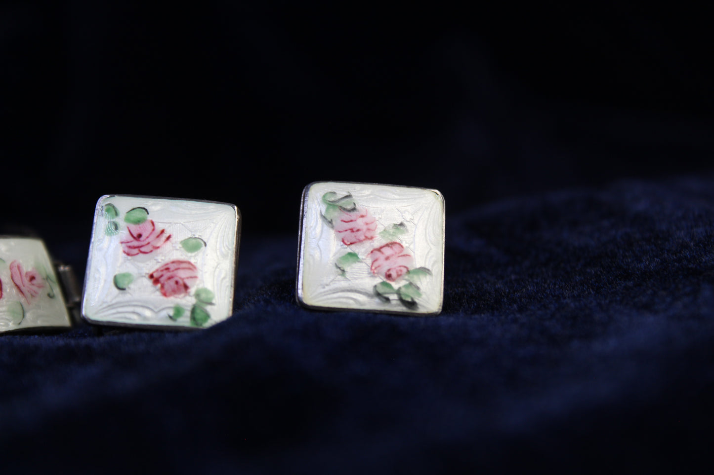 1930s Sterling Silver Guilloché Enamel Rose Bracelet & Earrings Set | Vintage Floral
