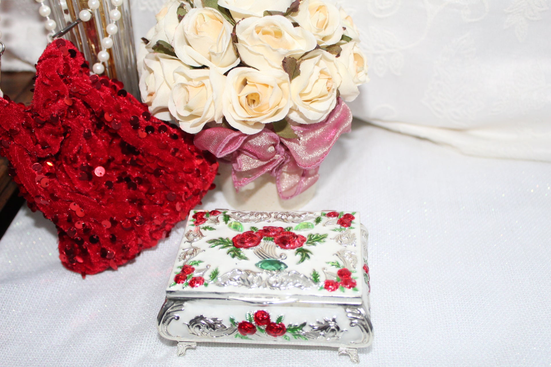 Ornate Floral Trinket Box | Red Roses & Green Crystal Accents