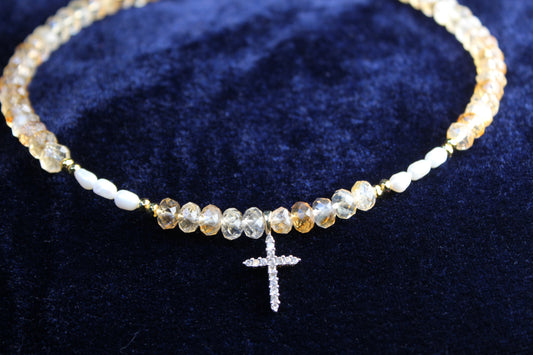 Citrine Gold Cross pendant necklace with fresh water Pearls