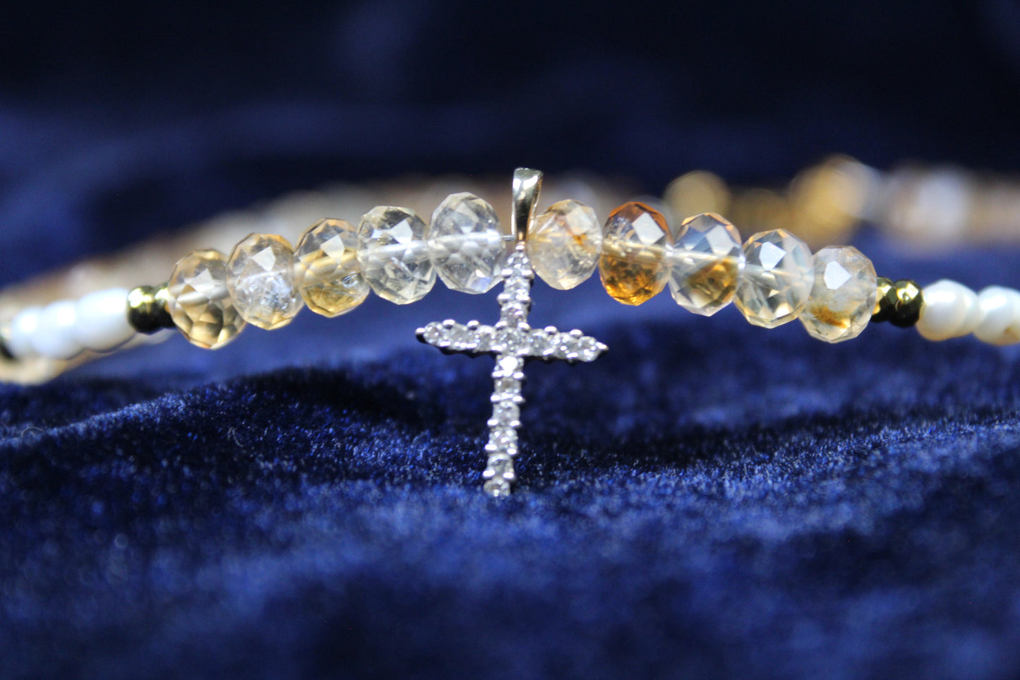 Citrine Gold Cross pendant necklace with fresh water Pearls
