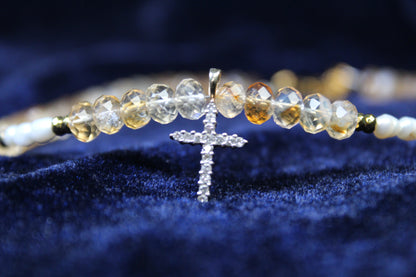 Citrine Gold Cross pendant necklace with fresh water Pearls