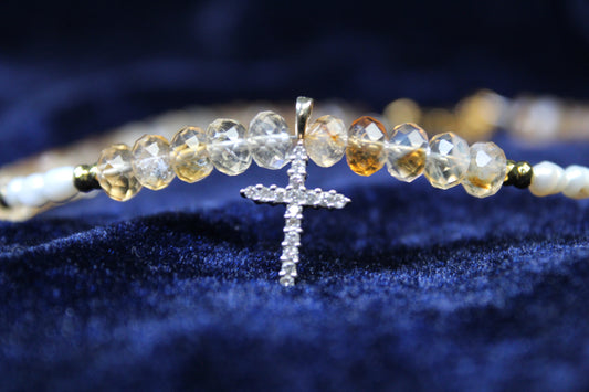 Heirloom Handcrafted Cross Necklace in Solid 10K & 14K Gold, Citrine & Freshwater Pearls