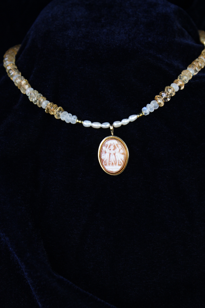 18k Handcarved Vintage italian cameo with gemstone and pearl necklace
