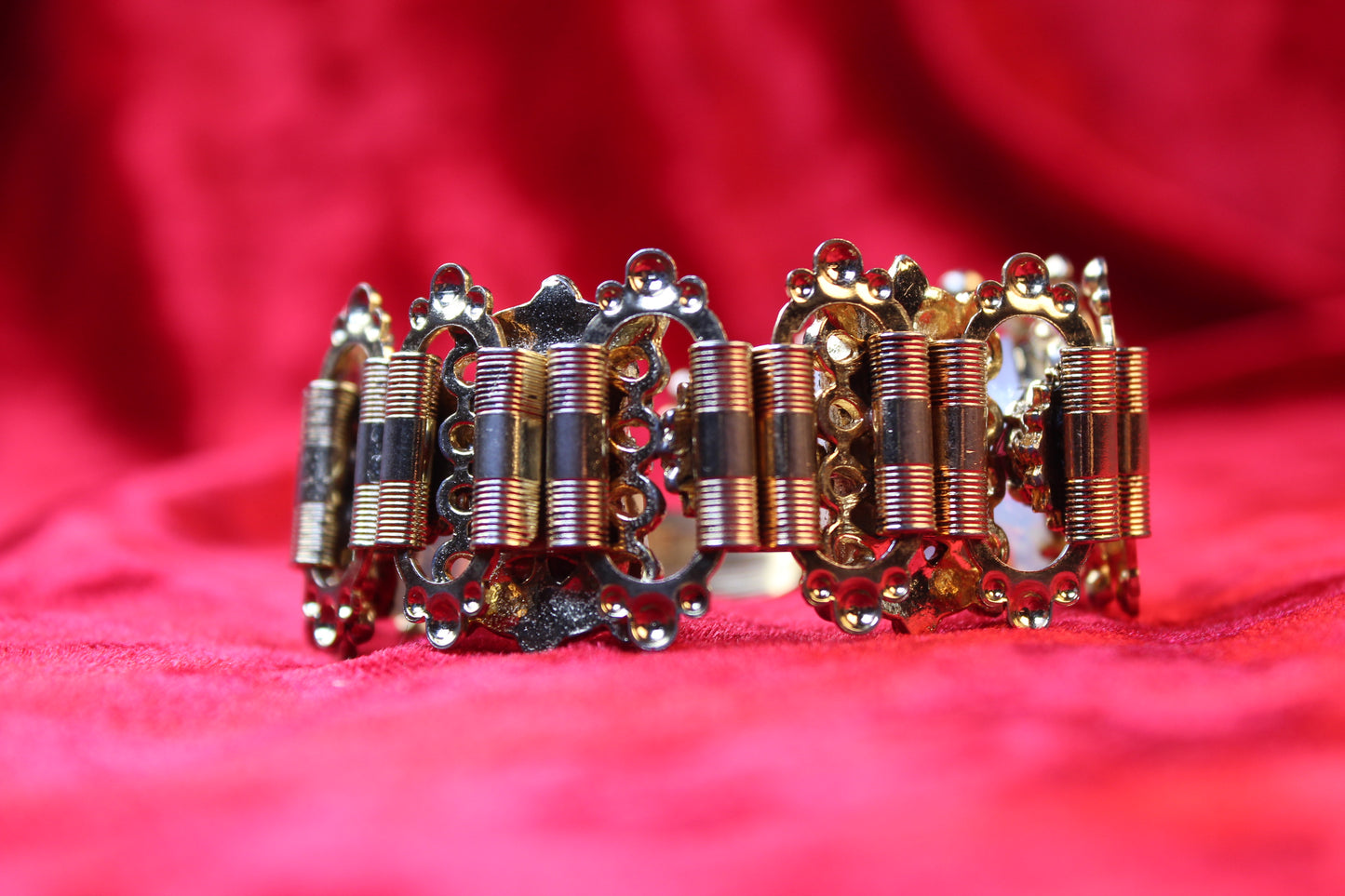1930s Victorian Revival Gold Tone Book Chain Bracelet | Opalescent Glass & Red Garnet Rhinestones