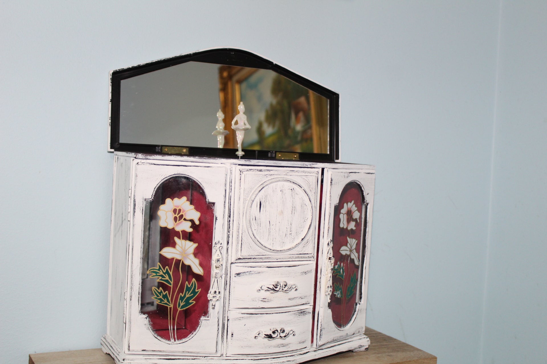 Vintage Shabby Chic Ballerina Music Jewelry box Cabinet | Rare Rotating Ballet Jewelry Armoire
