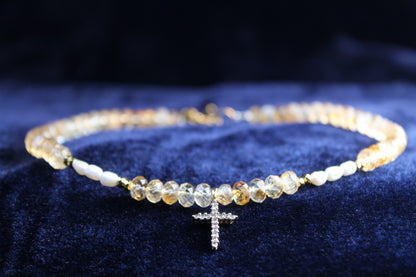 Citrine Gold Cross pendant necklace with fresh water Pearls