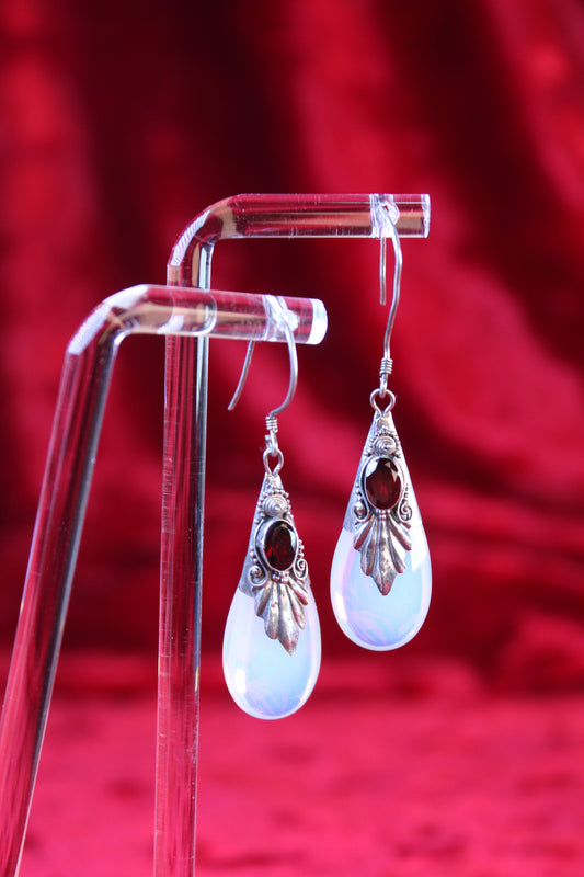 Vintage Czech Garnet & Opalite Teardrop Earrings | Sterling Silver Art Nouveau Style Dangle Earrings